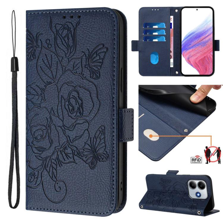 Dark blue embossed rose RFID leather phone case with flip wallet, wrist strap, kickstand