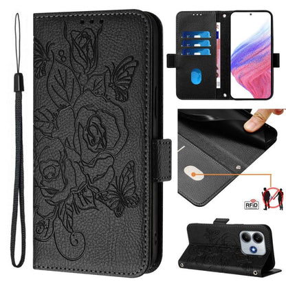 Black embossed rose RFID leather phone case with flip wallet, wrist strap, kickstand