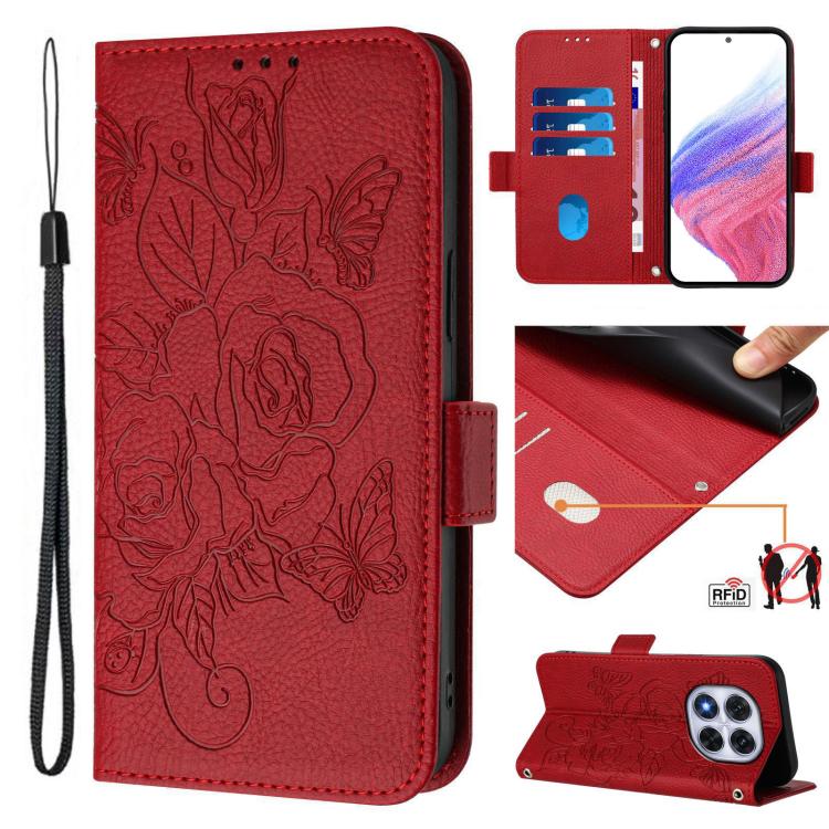 Red RFID leather phone case with embossed roses, flip wallet cover, wrist strap