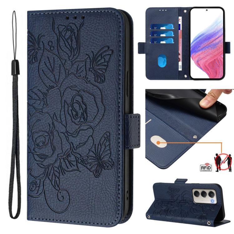Dark blue embossed floral leather phone case with RFID, card slots, and wrist strap