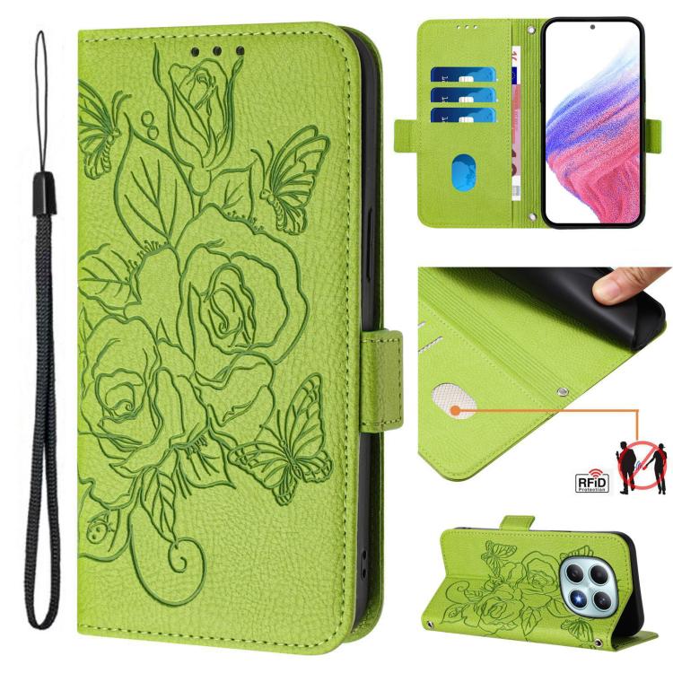 RFID folio leather phone case in light green with embossed roses, kickstand, card pockets