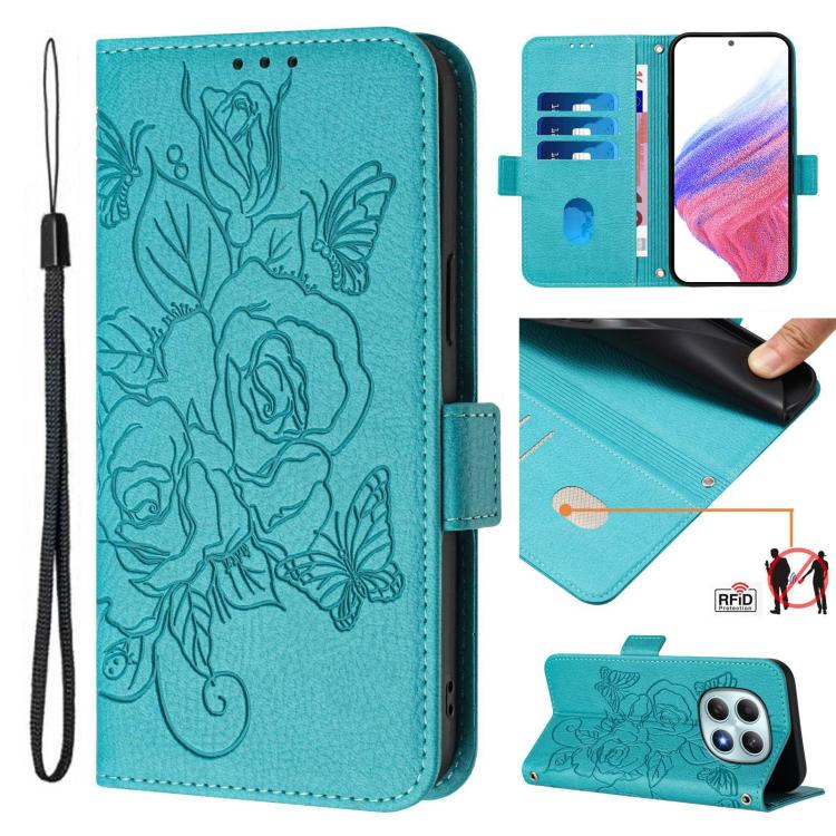 Teal leather phone case with embossed rose floral pattern and wrist strap