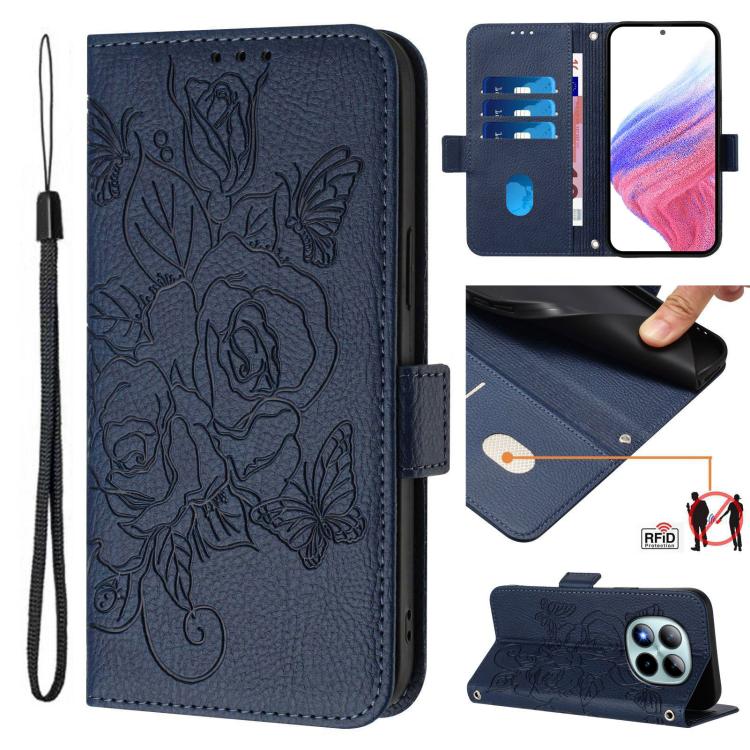 RFID folio leather phone case in dark blue with embossed floral roses, wrist strap, stand