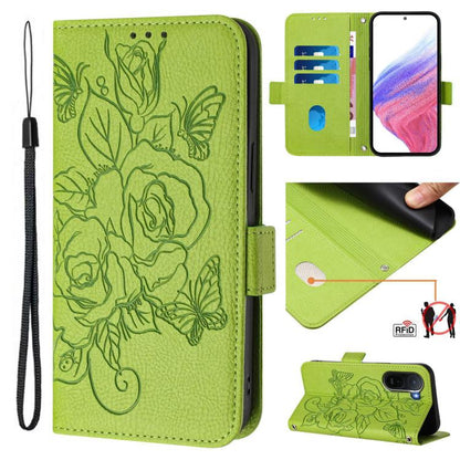 Lime green RFID embossed floral leather phone wallet case with wrist strap, flip cover, card slots