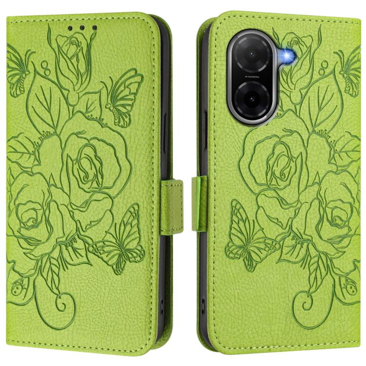 Green embossed rose leather phone case with folio cover, front and back views