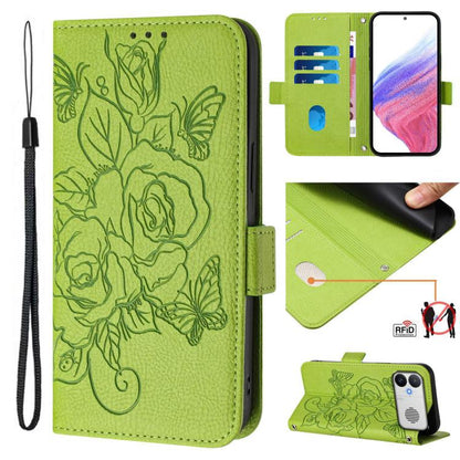 Green RFID embossed floral leather phone wallet case with wrist strap, flip cover, card slots