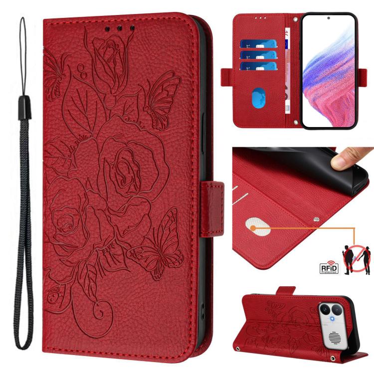 Red RFID embossed floral leather phone wallet case with wrist strap, flip cover, card slots