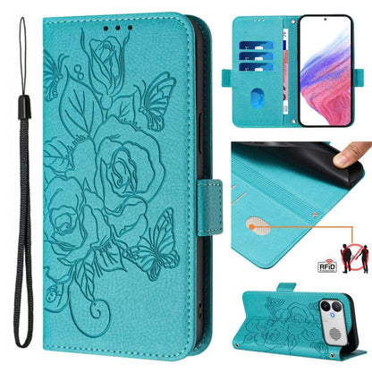 Light blue RFID embossed floral leather phone wallet case with wrist strap, flip cover, card slots
