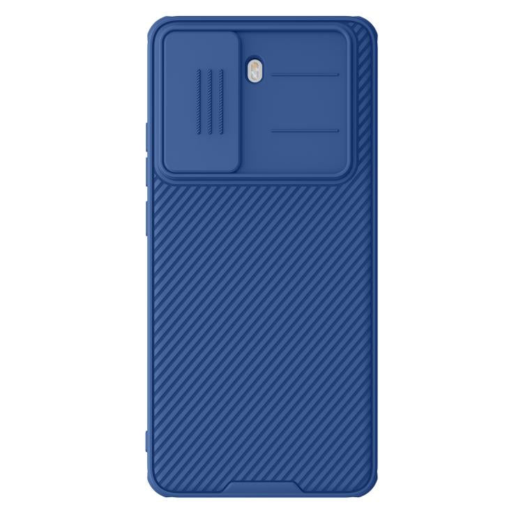 Blue PC phone case with sliding cover and textured back for grip