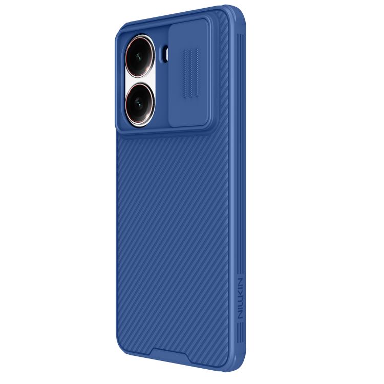 Blue phone case with dual camera cutouts and textured side grip