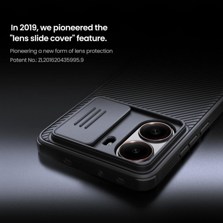 Black phone case with dual camera openings and sliding lens cover