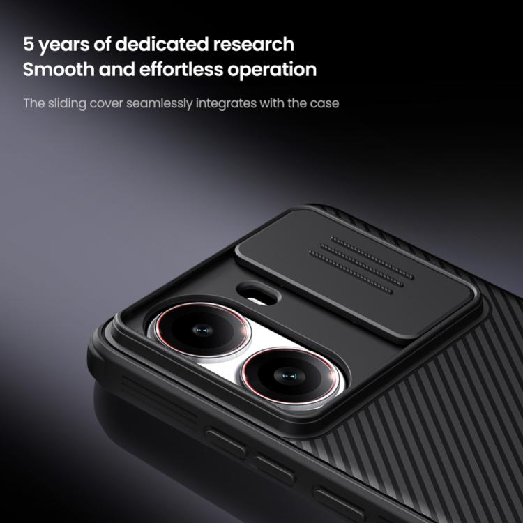 Black phone case shown at an angle with sliding cover and textured grip