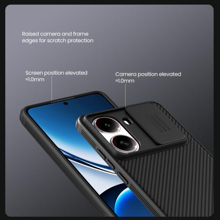 Black phone case with raised camera and screen edges for scratch protection