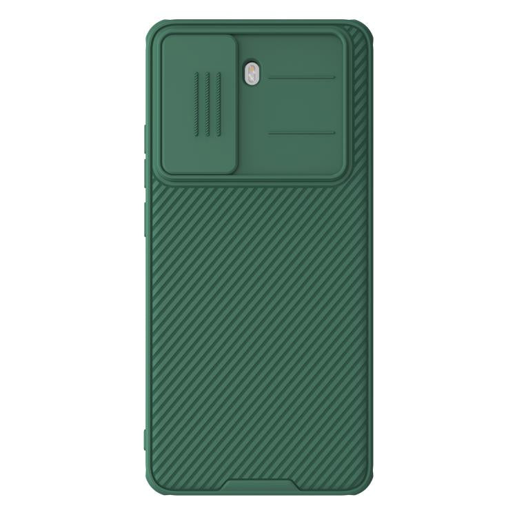 Green rugged phone case with back camera cutout and diagonal textured grip