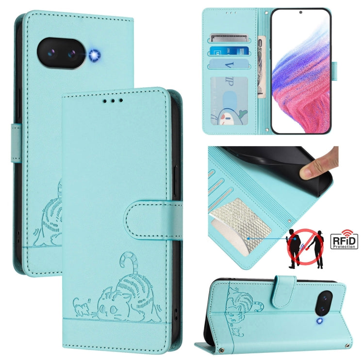Mint green RFID card wallet phone case with cat and rat embossed pattern, flip cover