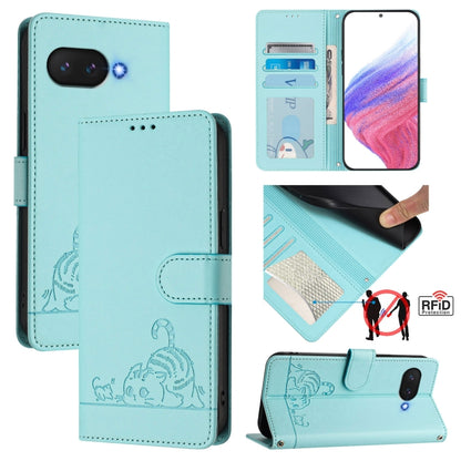 Mint green RFID card wallet phone case with cat and rat embossed pattern, flip cover