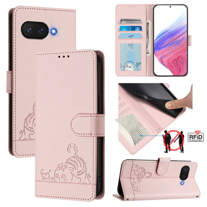 Pink RFID card wallet phone case with cat and rat embossed pattern, flip cover