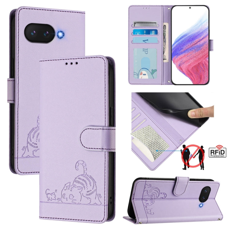 Purple RFID card wallet phone case with cat and rat embossed pattern, flip cover