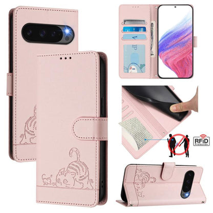 Cat-and-rat embossed RFID leather phone case with lanyard, blush pink, flip cover
