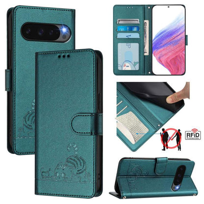 Teal RFID leather-style folio phone case with embossed cat/rat pattern and card slots