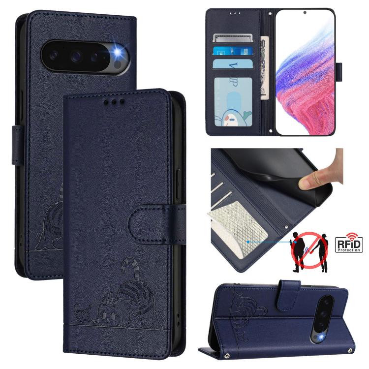 Navy RFID leather-style folio phone case with embossed cat/rat pattern and card slots