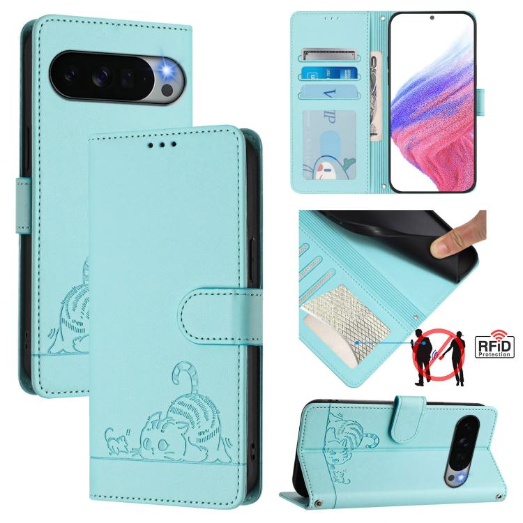 Mint green folio phone case with embossed cat-and-rat design and card pocket
