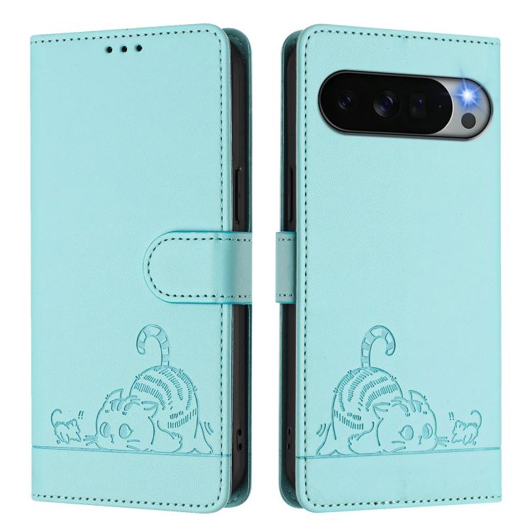 Mint green foldover phone case with embossed cat-and-rat pattern and side cutouts