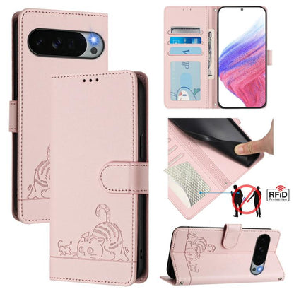 Pink folio phone case with embossed cat-and-rat design and card pocket