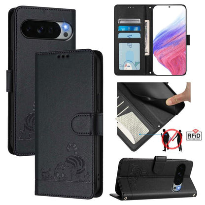 Black folio phone case with embossed cat-and-rat design and snap closure