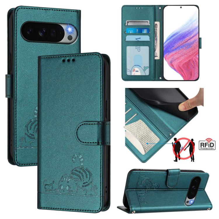 Teal folio phone case with embossed cat-and-rat design and card pocket