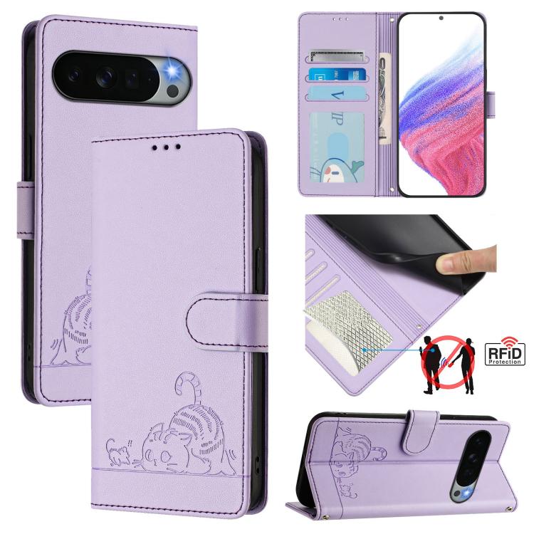 Cat-and-rat embossed RFID leather phone case with lanyard, lilac purple, card holder