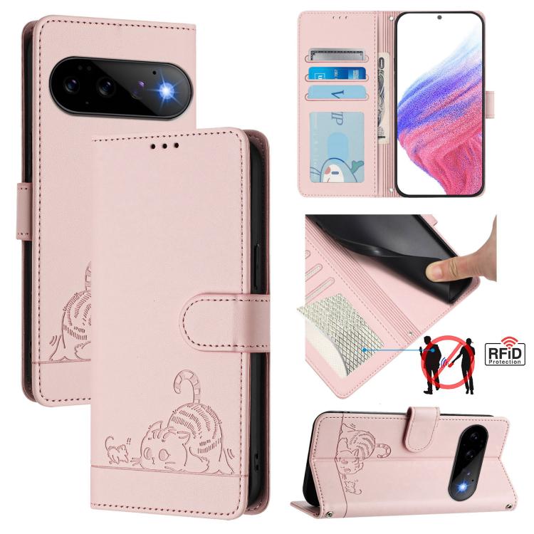 Cat-and-rat embossed RFID leather phone case with lanyard, blush pink, card holder