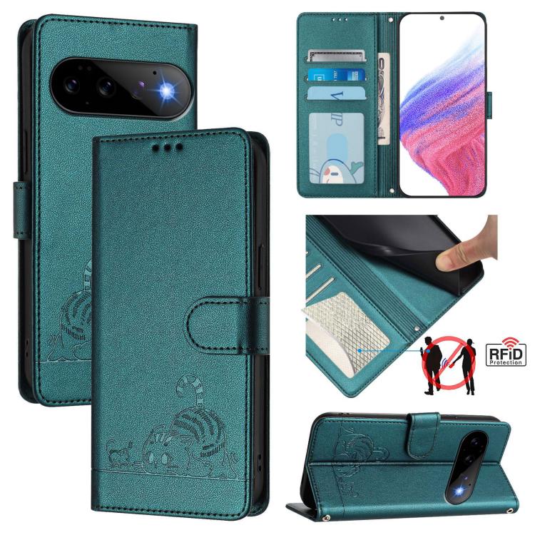 Cat-and-rat embossed RFID leather phone case with lanyard, peacock green, card holder