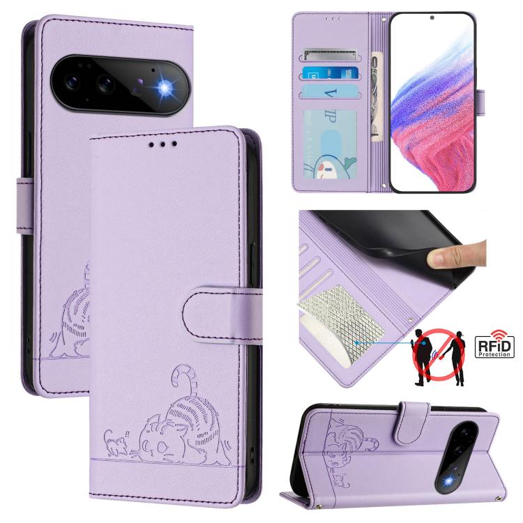 Cat-and-rat embossed RFID leather phone case with lanyard, lilac purple, flip cover
