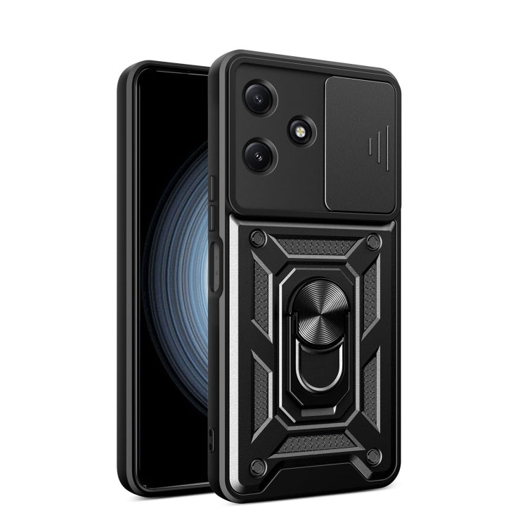 Black sliding cover phone case with rugged armor pattern and camera lens openings