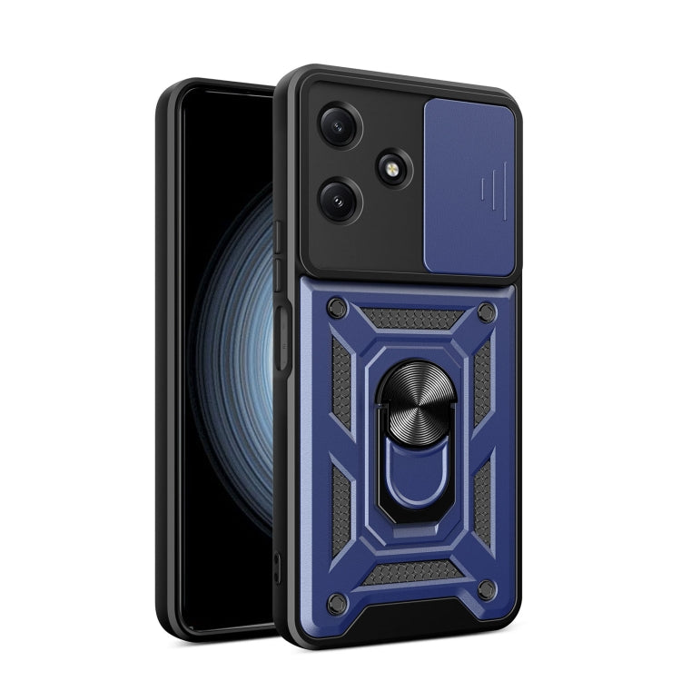 Phone case with sliding camera cover, dark blue/black geometric armor design