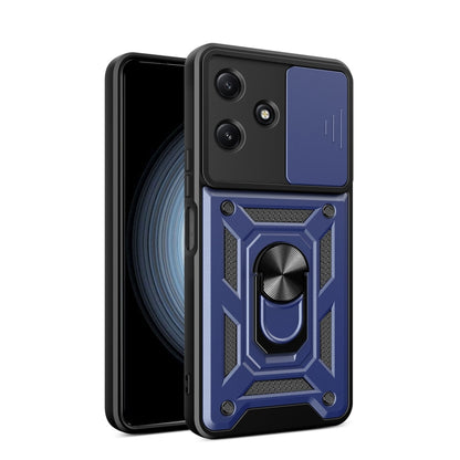 Phone case with sliding camera cover, dark blue/black geometric armor design