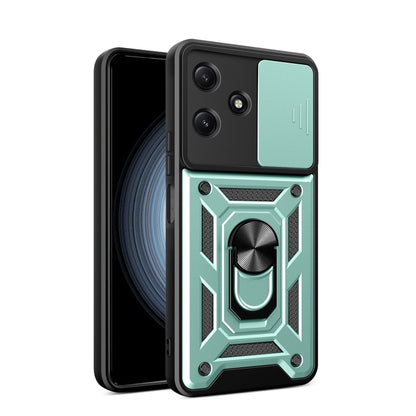 Phone case with sliding camera cover, mint green and black geometric armor design