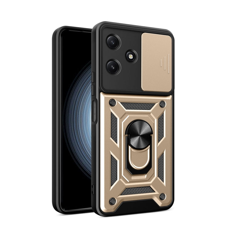 Phone case with sliding camera cover, gold and black geometric armor design