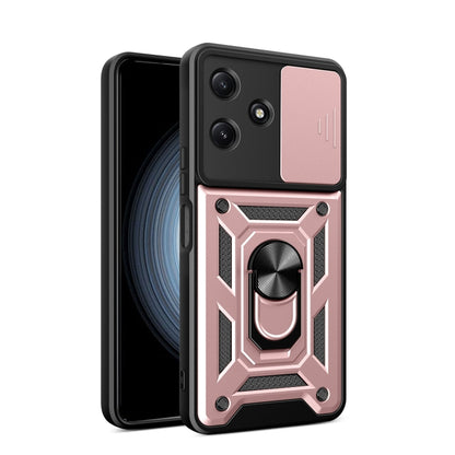 Phone case with sliding camera cover, rose pink and black geometric armor design