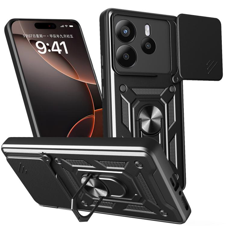 Black TPU+PC phone case with sliding camera cover and kickstand, front and back protection.