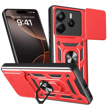 Red TPU+PC phone case with sliding camera cover and kickstand, rugged armor protection.