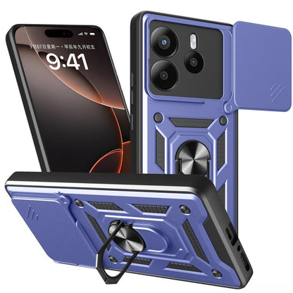 Blue TPU+PC phone case with sliding camera cover and kickstand, front and back protection.