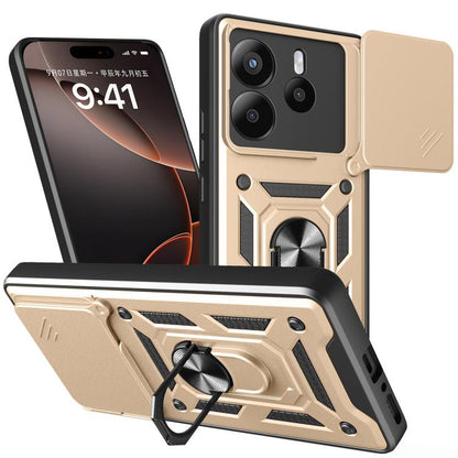 Beige/gold sliding cover TPU+PC phone case with camera cutout and kickstand ring