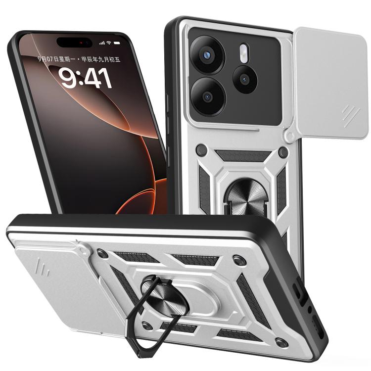 White sliding cover TPU+PC phone case with camera cutout and kickstand ring
