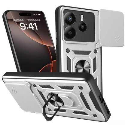White sliding cover TPU+PC phone case with camera cutout and kickstand ring