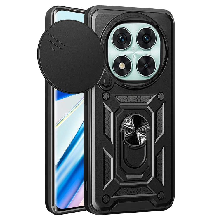 Black sliding cover phone case with rugged armor design and raised camera bumper