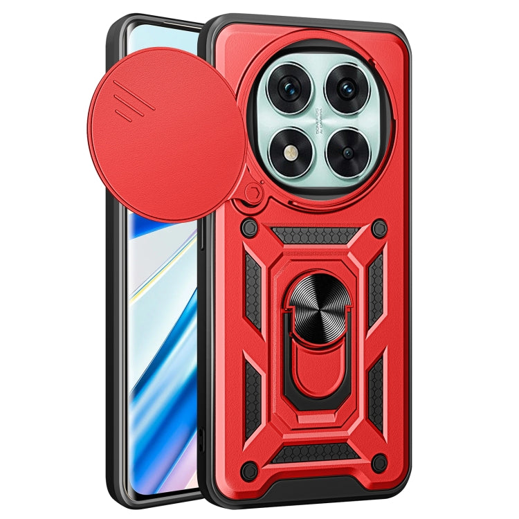 Red sliding cover phone case with rugged armor pattern and raised camera bumper