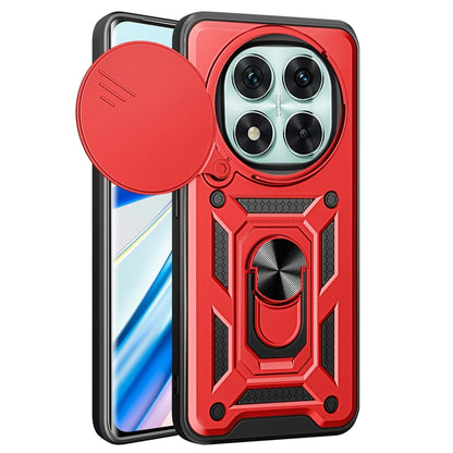 Red sliding cover phone case with rugged armor pattern and raised camera bumper