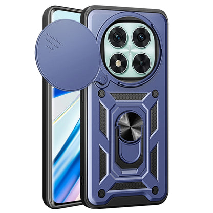 Blue sliding cover phone case with rugged armor design and raised camera bumper